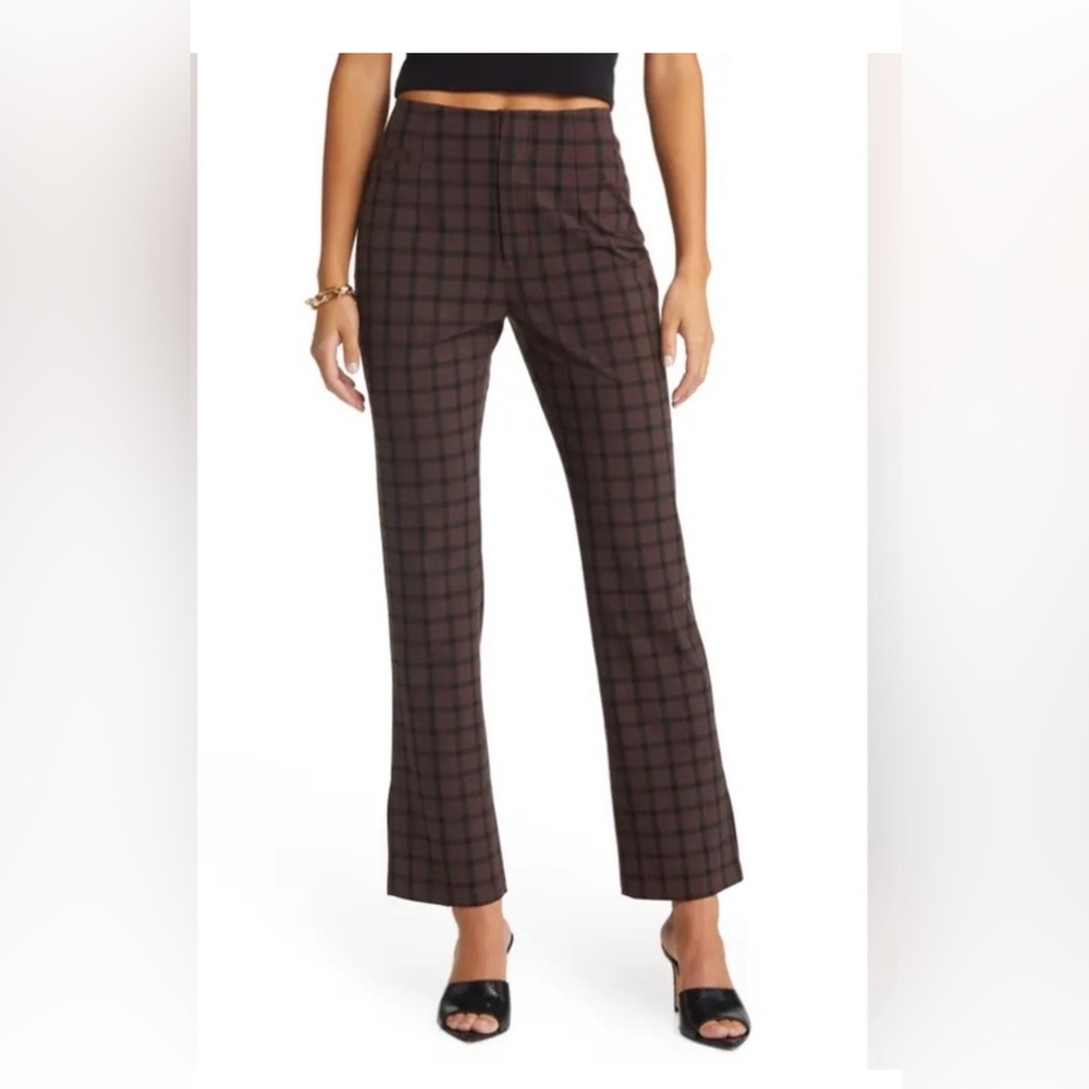 Open Edit High-Rise Brown Plaid Boot-Cut Pants XS